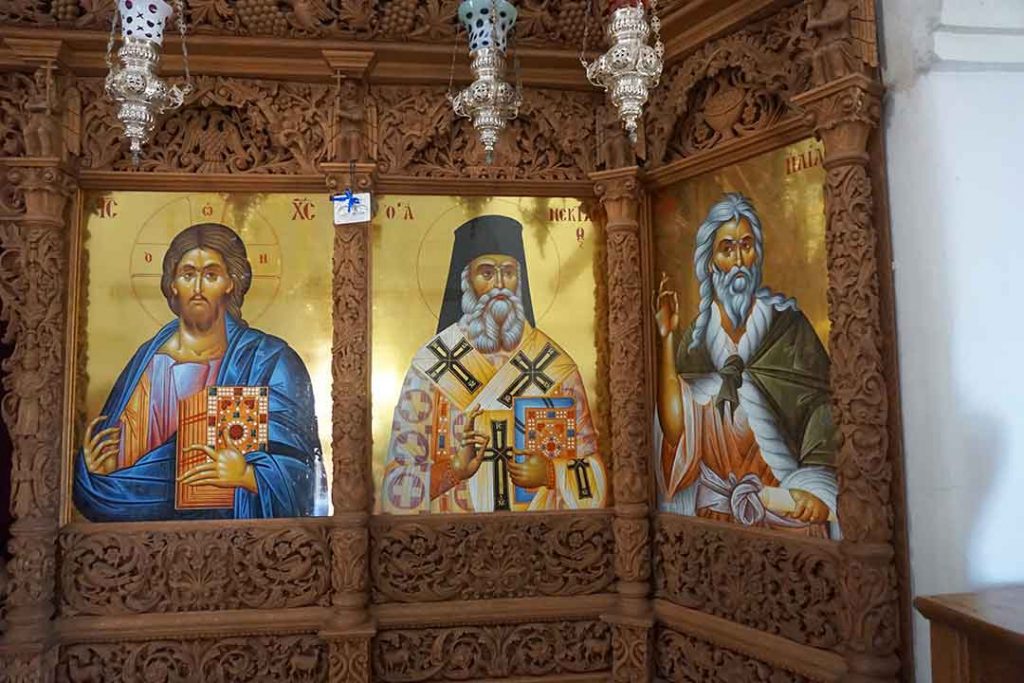 Icons inside the church at the Profit Ilias Monastery.