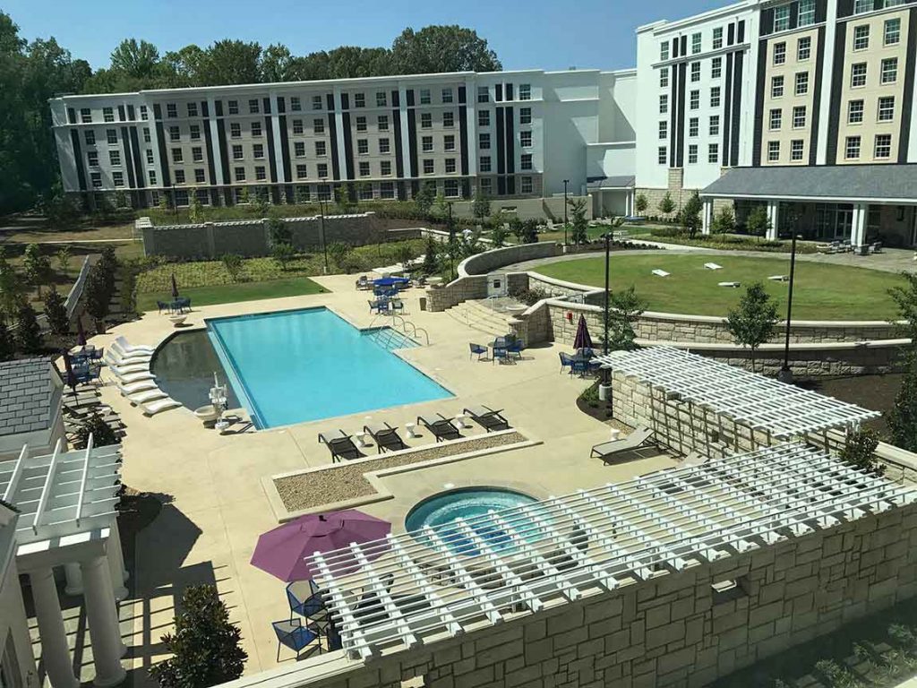 A view of the pool and hot tub from our room at The Guest House at Graceland.