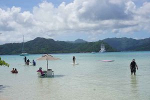 Passengers enjoy a day on the private island, Motu Mahaea, near Taha'a.