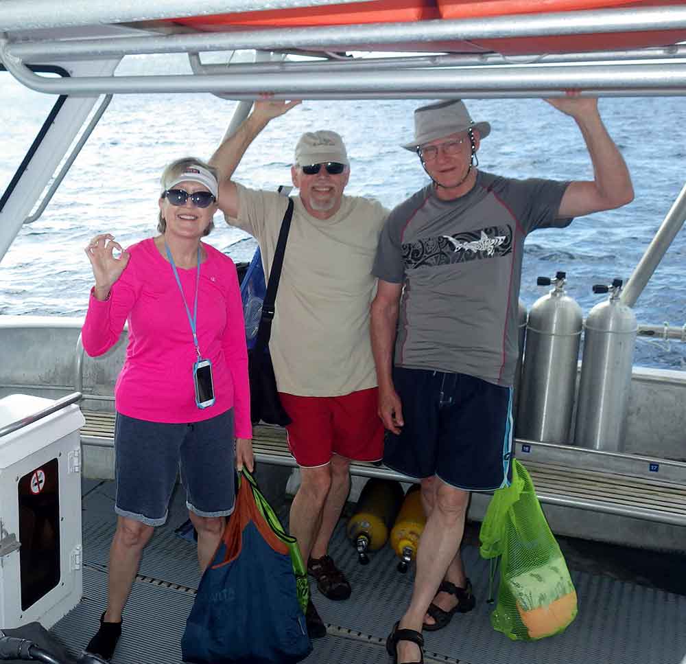 Me with my two dive buddies — (husband) Stephen and Terry.