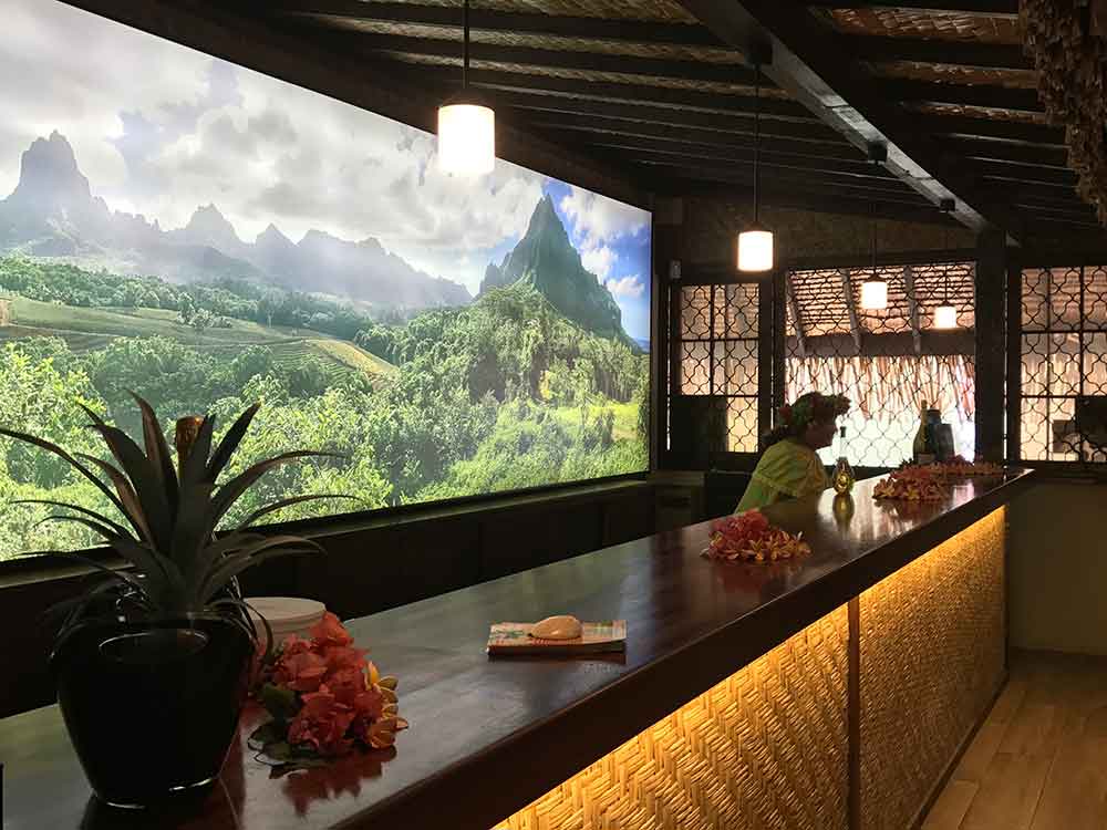 Manutea's tasting area with mural of Moorea in the background.