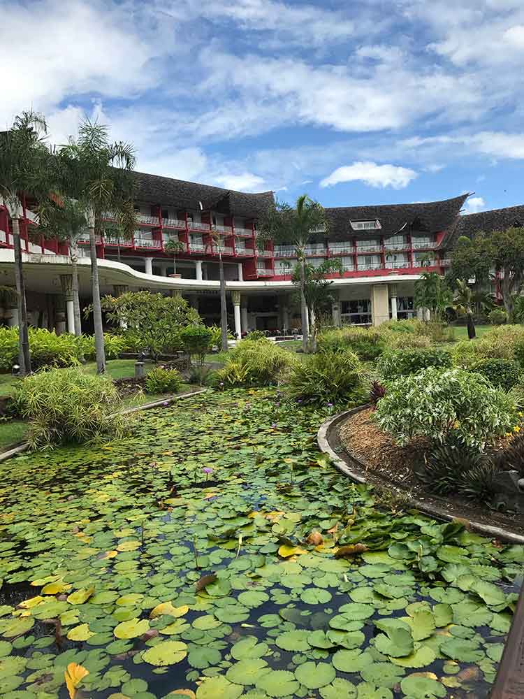 Le Meridien Tahiti view showing the lush water gardens.