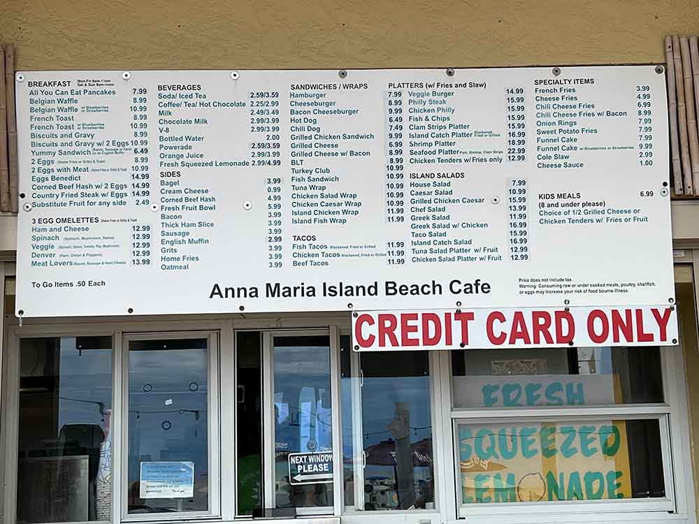 Anna Maria Beach Cafe menu board