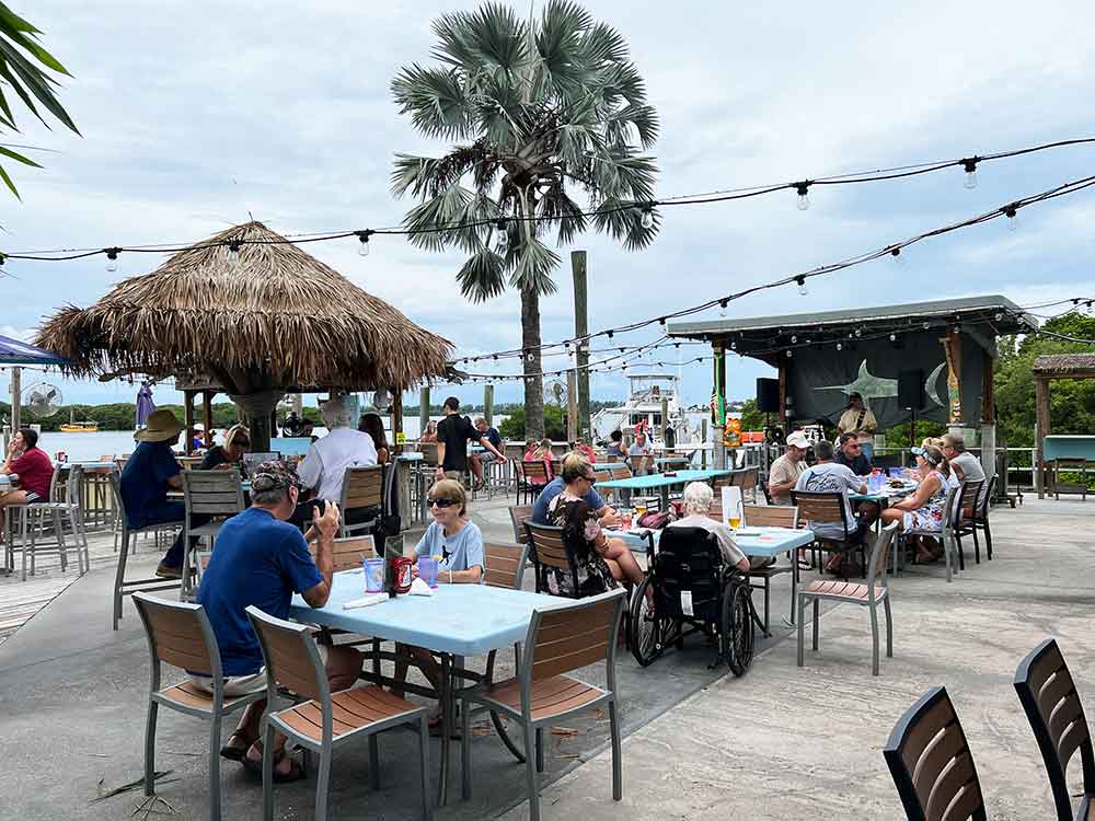 Patio seating at Swordfish Grill & Tiki Bar