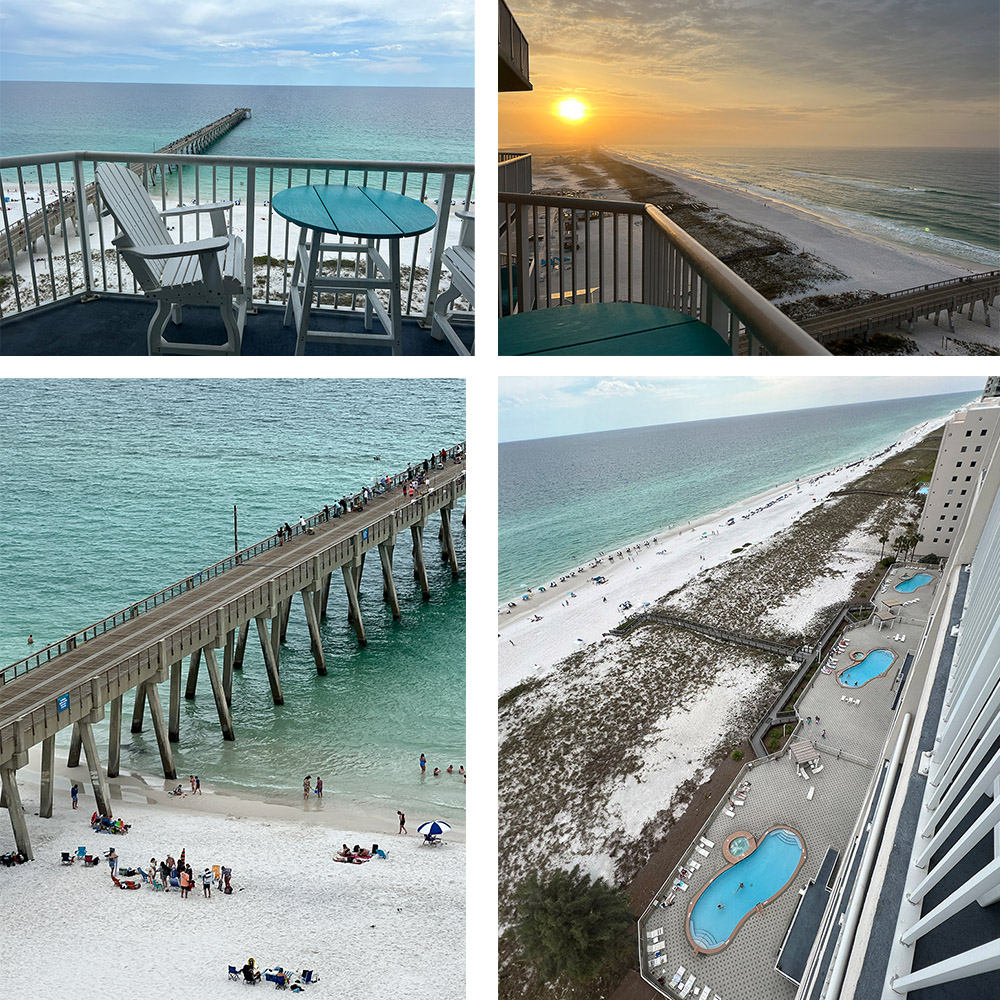 Views from 12th floor Summerwind condo, balcony view of pier, sunrise from balcony, close-up view of portion of Navarre Pier, Looking down to the three pools.