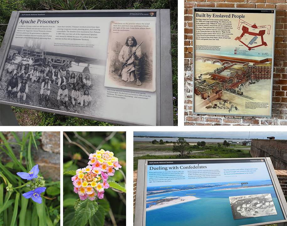Fort Pickens photo collage showing signs about Apache Prisoners, Built by Enslaved People, Dueling with Confederates, and Flowers on the Grounds of the Fort