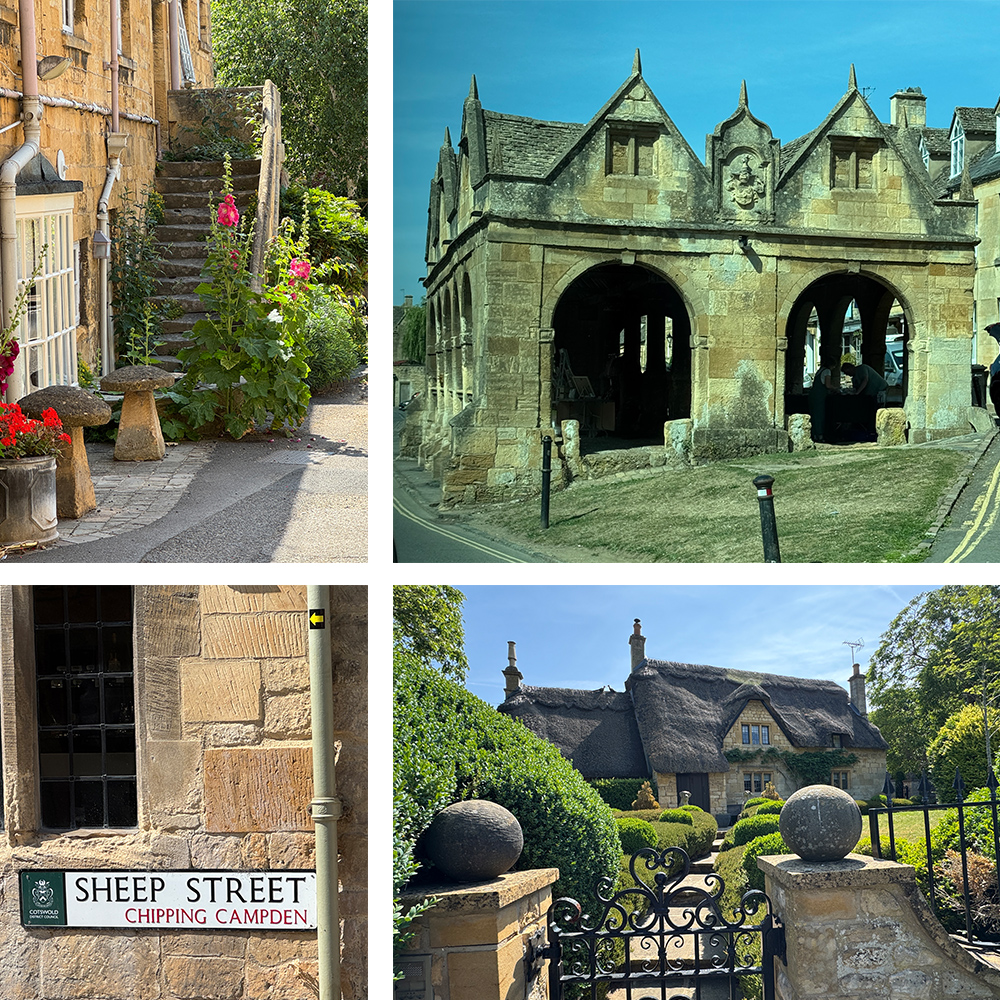 Four views of Chipping Campden, including the Market Hall, Sheep Street Sign, Stairway, and Thatched Cottage.