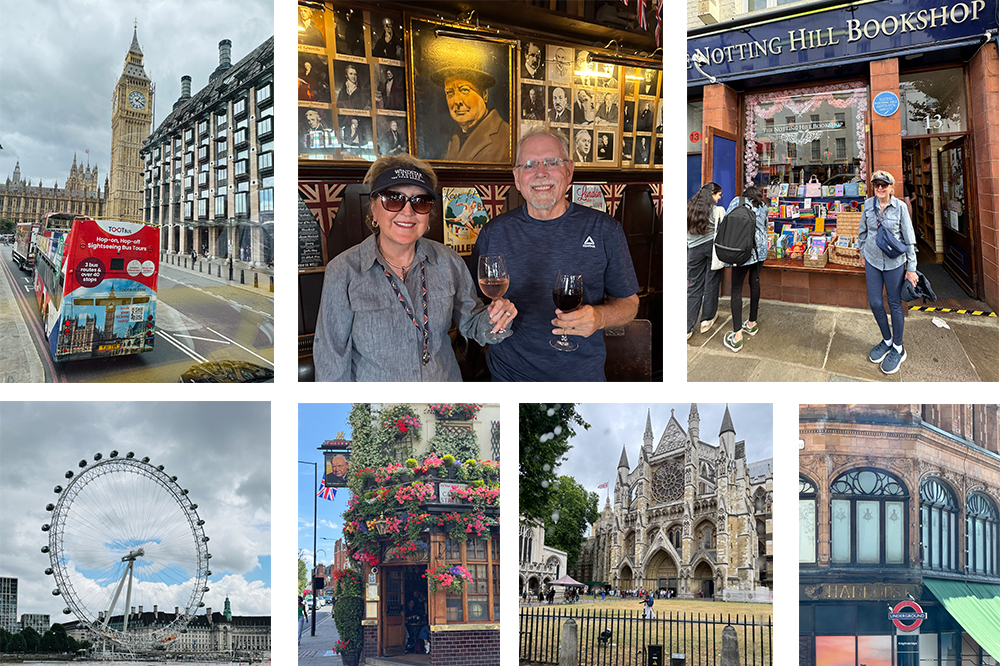 London collage - Hop-on Hop-off bus tour, including us at Churchill Pub, Notting Hill Bookshop, London Wheel, Westminster Abbey, Harrod's