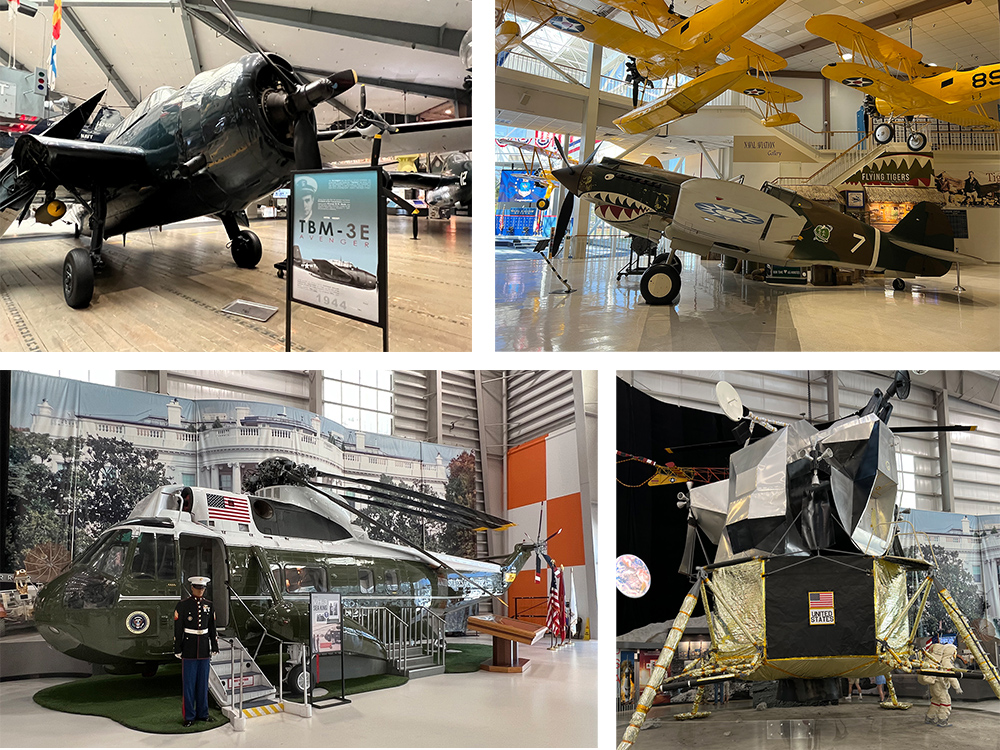 Collage of planes, a helicopter and Lunar module replica at National Naval Aviation Museum in Pensacola.