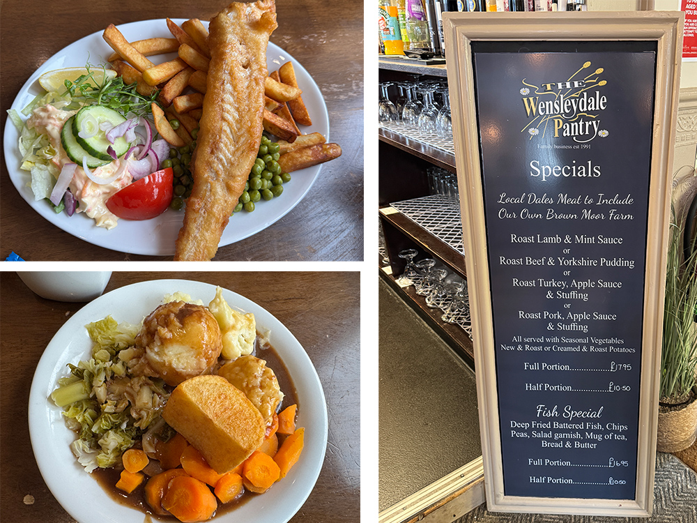 We enjoyed a delicious lunch at The Wensleydale Pantry. 
Pictured: Fish and Chips, served with salad and peas; Roast Lamb and Mint Sauce, served with vegetables. 