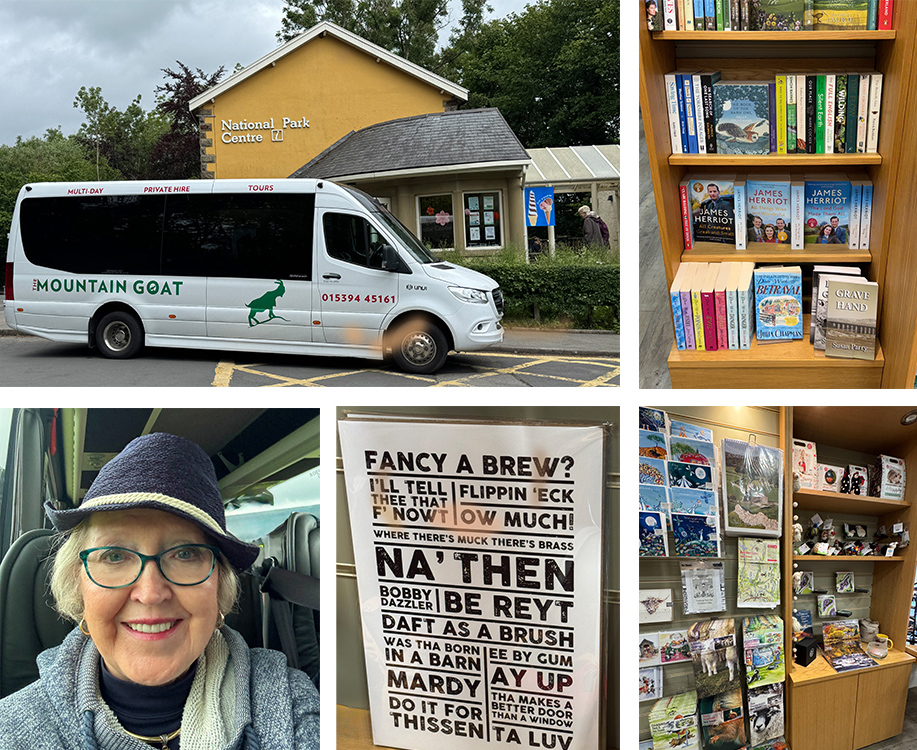 Our Mountain Goat tour group made a brief stop at the Yorkshire Dales National Park Visitor Centre 
in Aysgarth Falls. Showing the Mountain Goat Van, books inside the Visitor Centre, the author sitting on the bus, a card showing Yorkshire sayings and another photos of gifts inside the Centre.