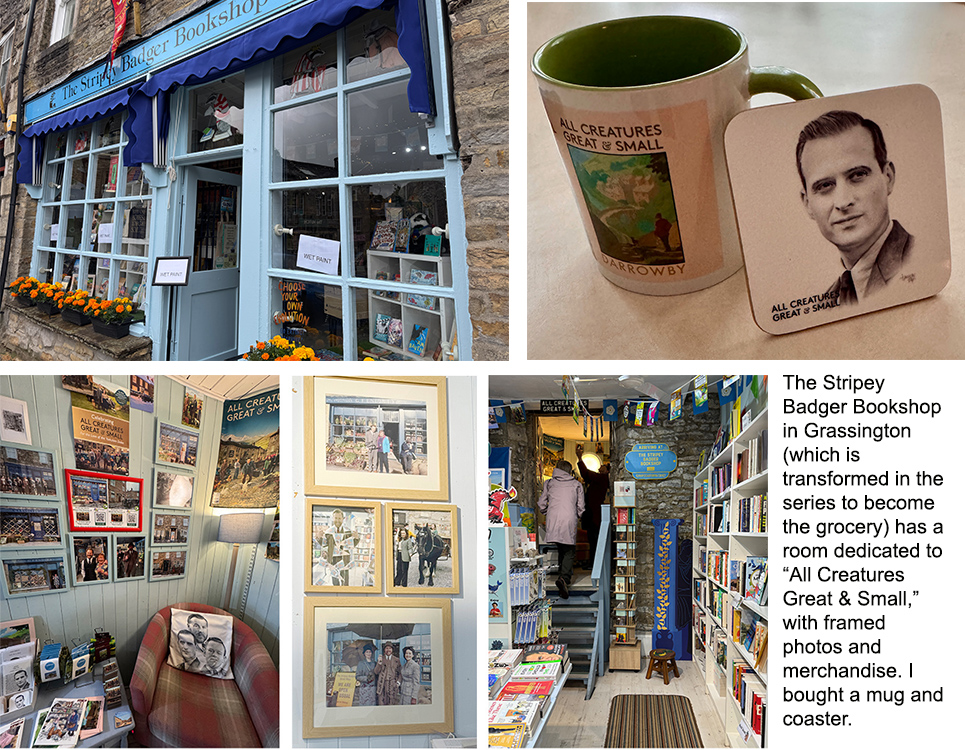 Stripey Badger Bookshop in Grassington, including rook dedicated to "All Creatures Great & Small" with photos and merchandise. Mug and Coaster