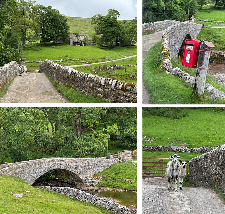 Four scenes from our visit to Yockenthwaite Farm on our "All Creatures Great and Small" tour with Mountain Goat Tours. The bridge, two sheep on bridge, the red mailbox, and scene toward farmhouse.
